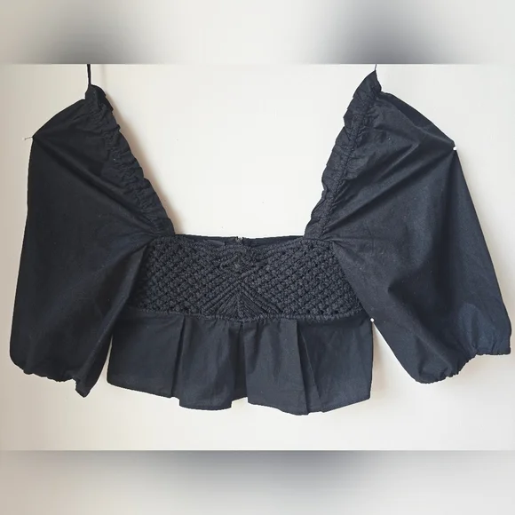 PINKO CROP Black Peplum Top Puffed Sleeve Darts Woven Square Size 2 170/80A - Picture 8 of 12